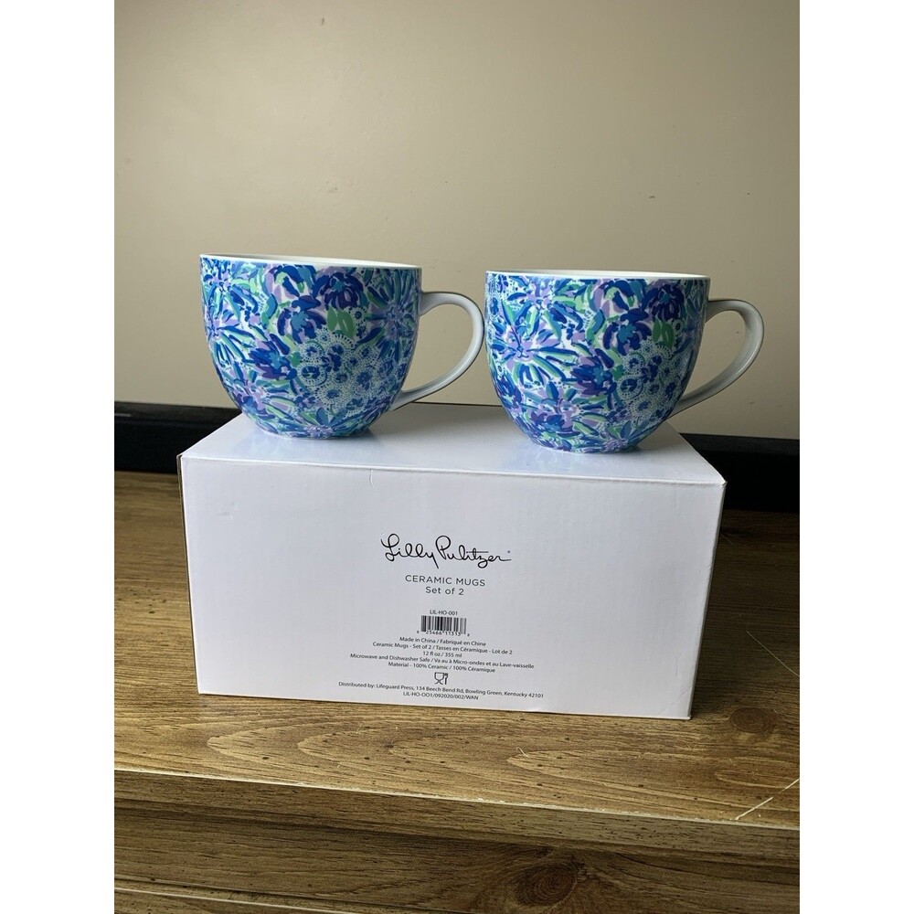Lilly Pulitzer Ceramic Coffee Tea Cup Mug Set of 2 Blue White Tiger Lily Floral